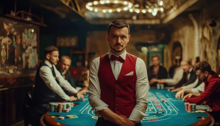 Dealer live Caribbean Stud Poker di studio streaming rajaselot